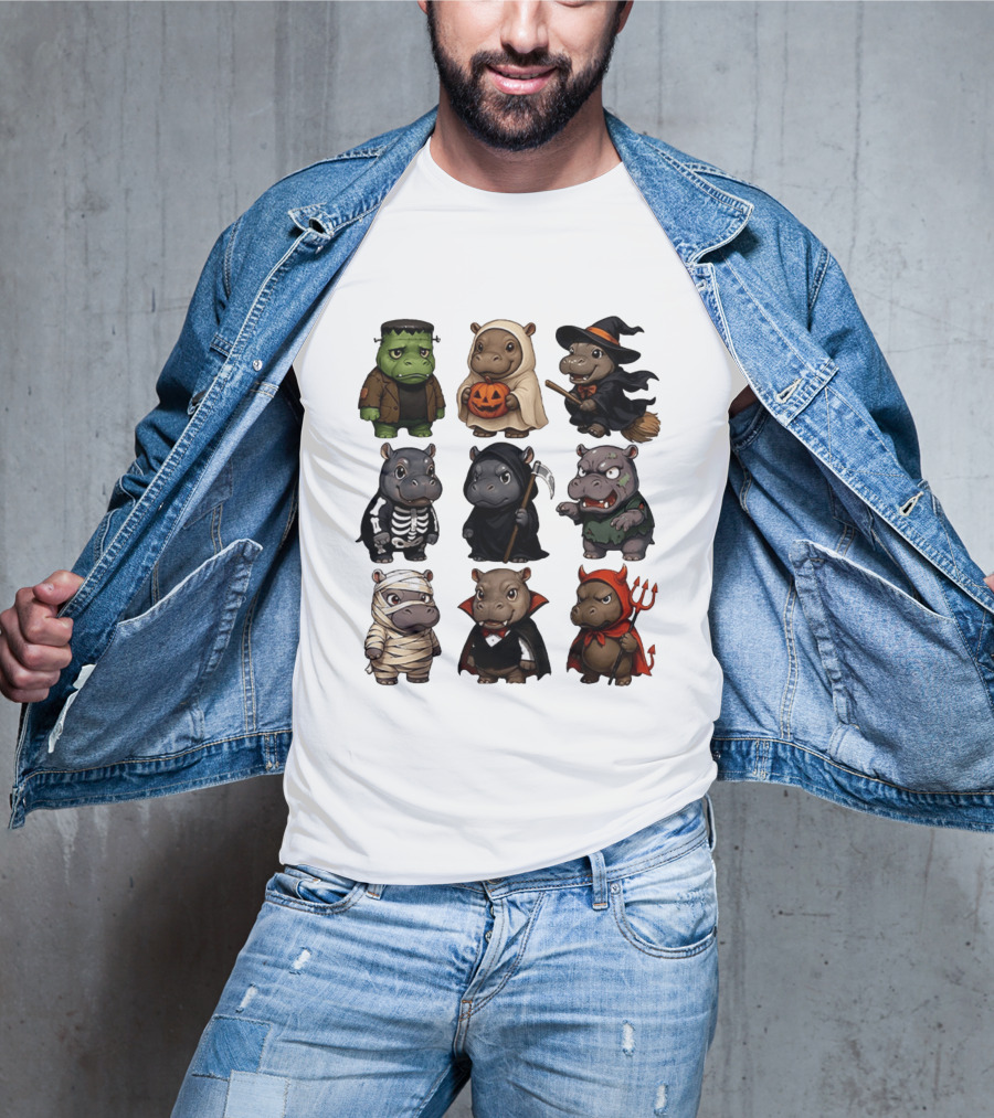 Baby Hippo Frankenstein Ghost Witch Skeleton Grim Reaper Zombie Mummy Dracula Devil Halloween 2025 T-Shirt