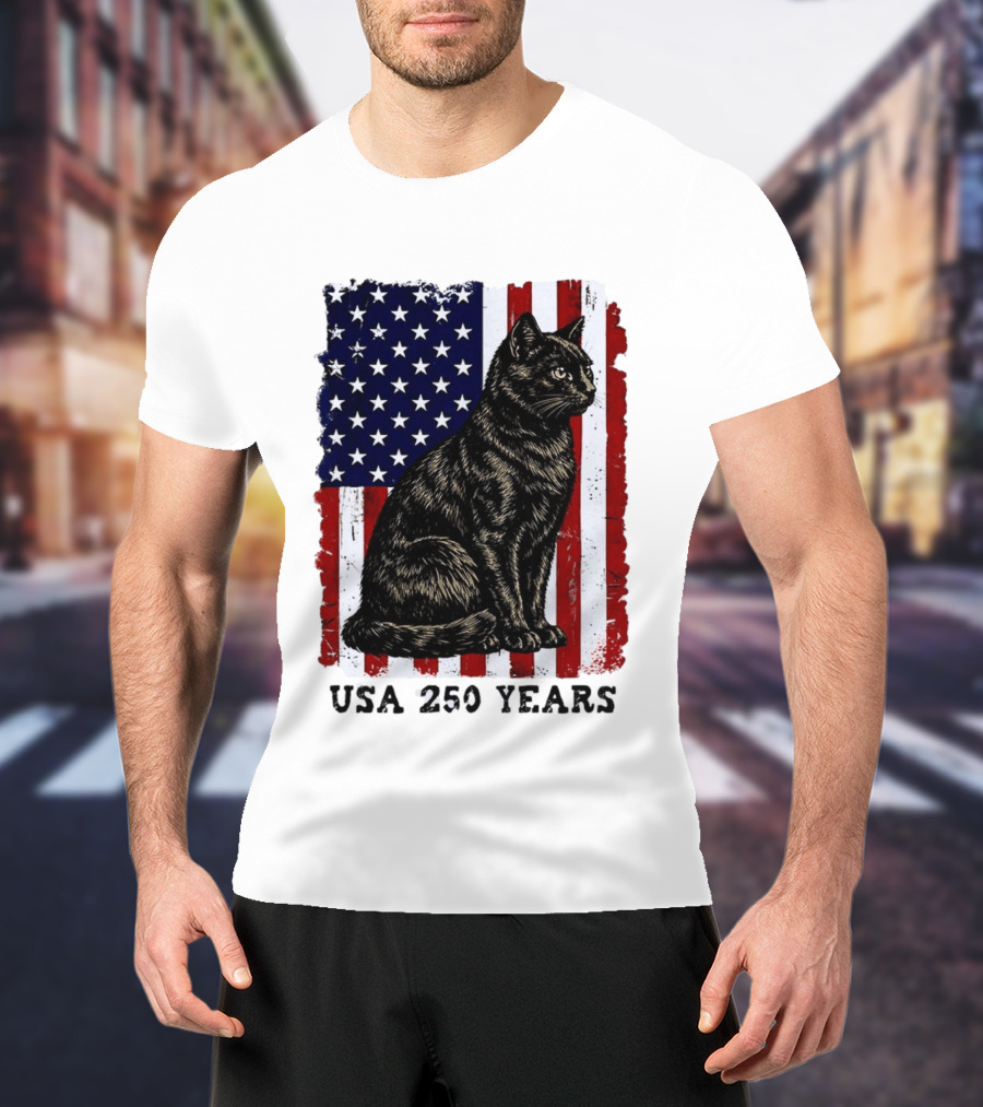 USA 250 Years Liberty Cat American Flag T-Shirt