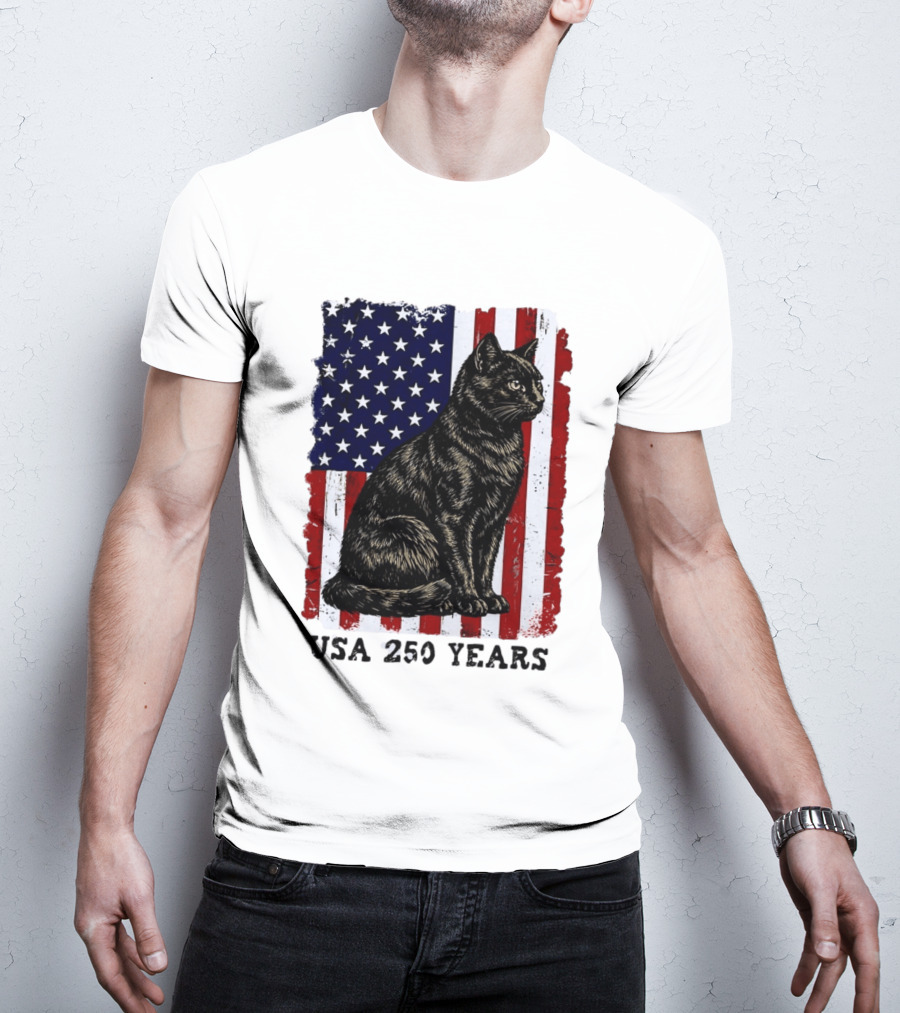 USA 250 Years Liberty Cat American Flag T-Shirt