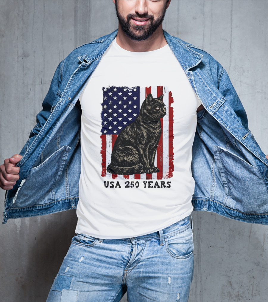 USA 250 Years Liberty Cat American Flag T-Shirt