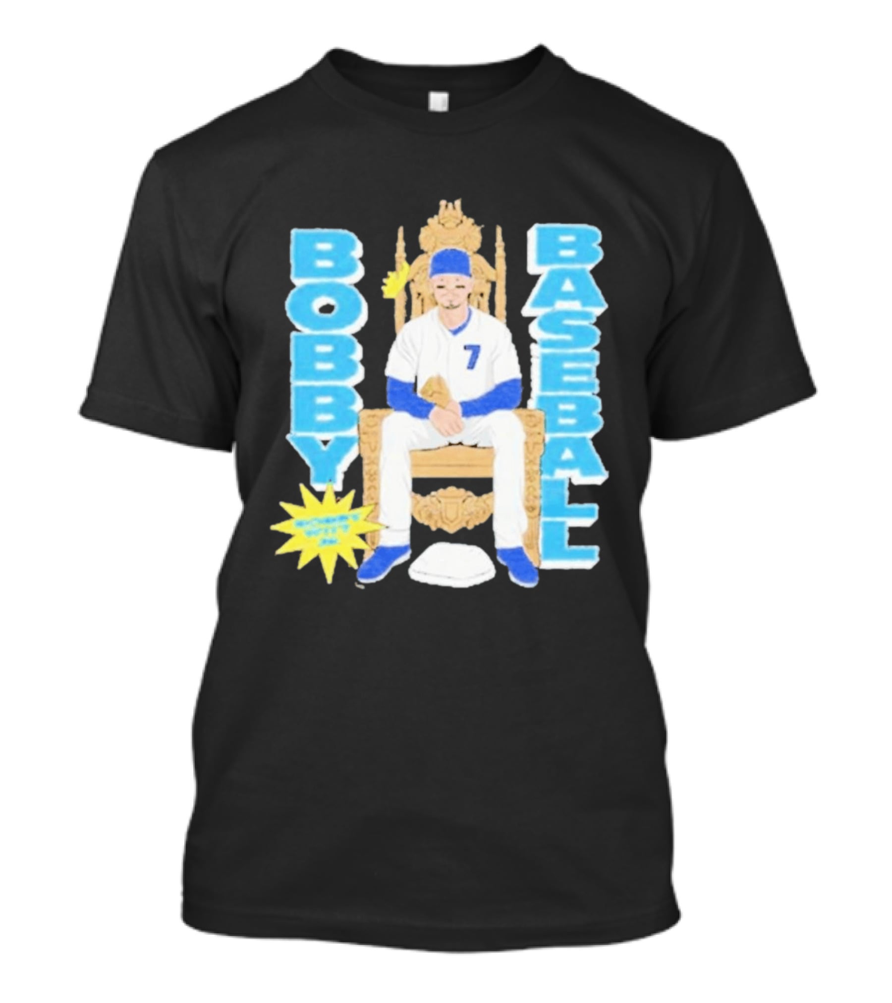 Bobby Baseball Throne Number 7 Blue Cap Batting Glove T-Shirt