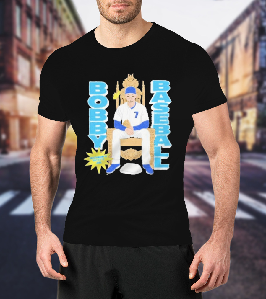 Bobby Baseball Throne Number 7 Blue Cap Batting Glove T-Shirt