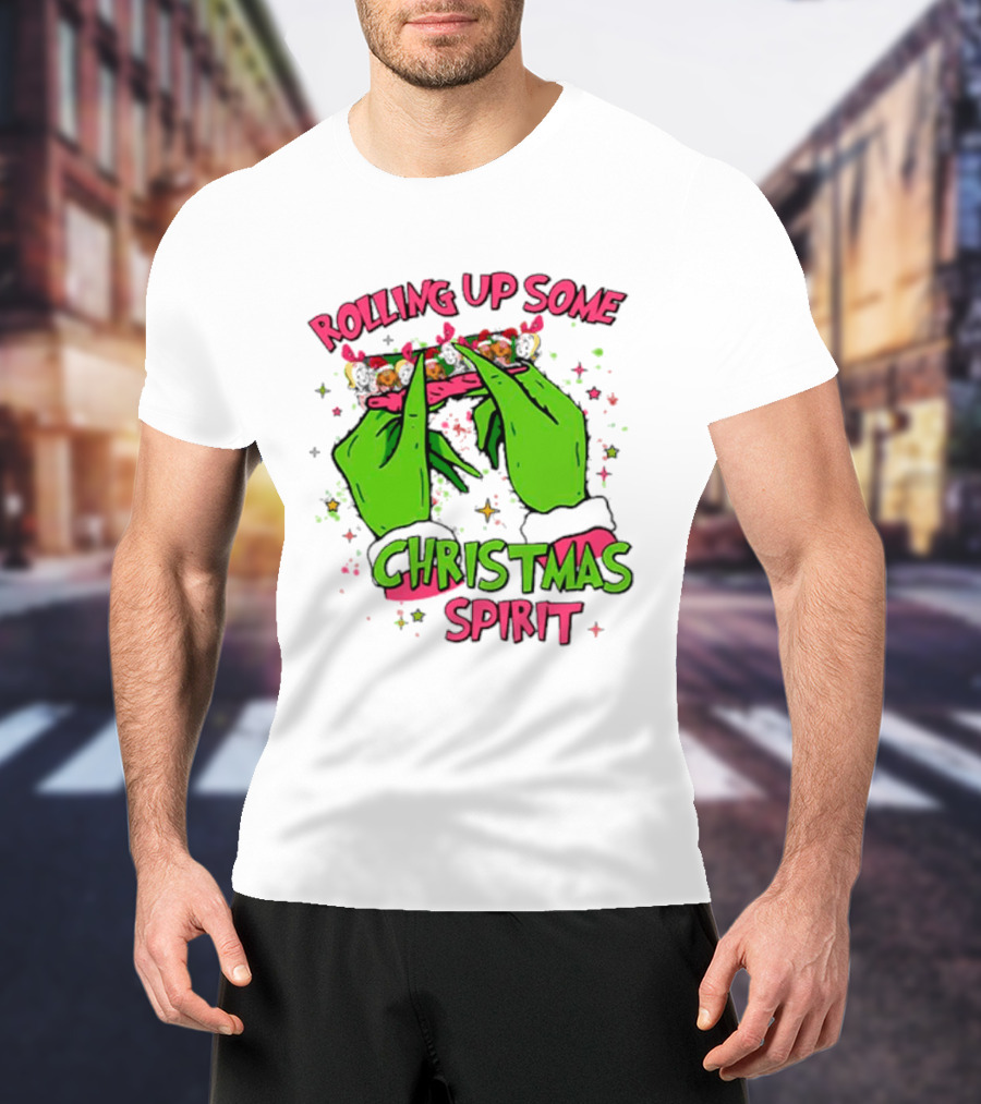 Grinch Rolling Up Some Christmas Spirit With Green Hands And Glitter Stars T-Shirt
