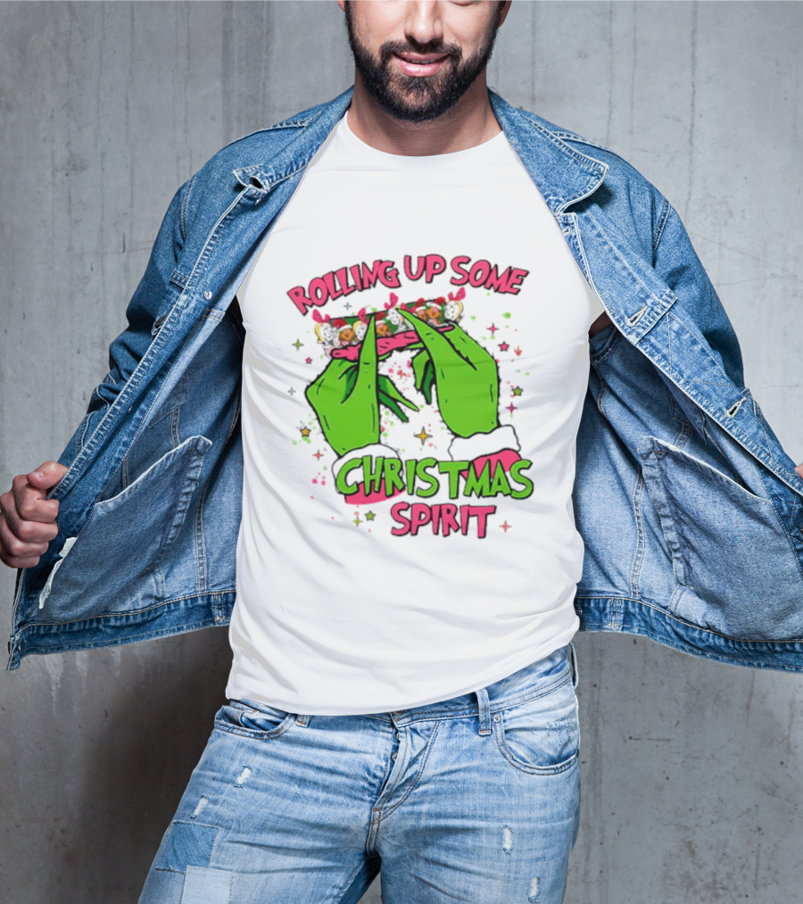 Grinch Rolling Up Some Christmas Spirit With Green Hands And Glitter Stars T-Shirt