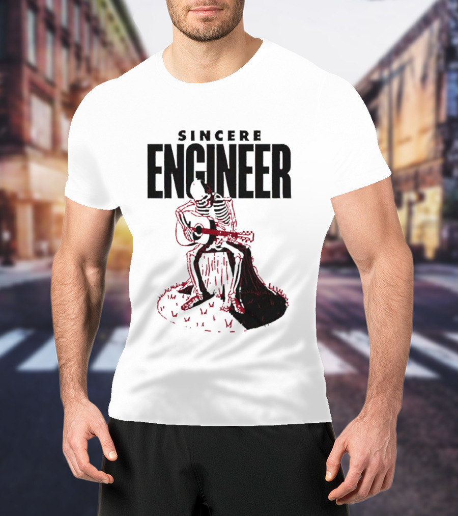 Sincere Engineer Skeleton Playing Guitar On Tree Stump T-Shirt