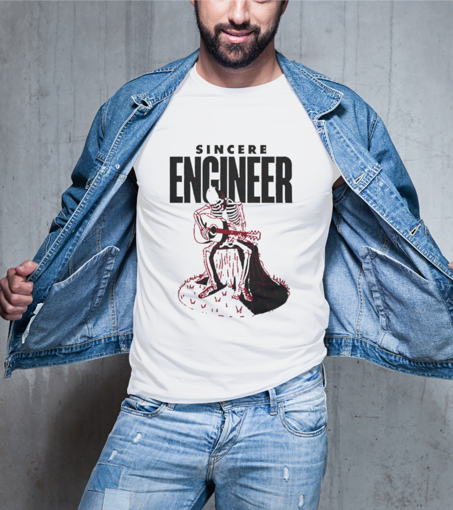 Sincere Engineer Skeleton Playing Guitar On Tree Stump T-Shirt