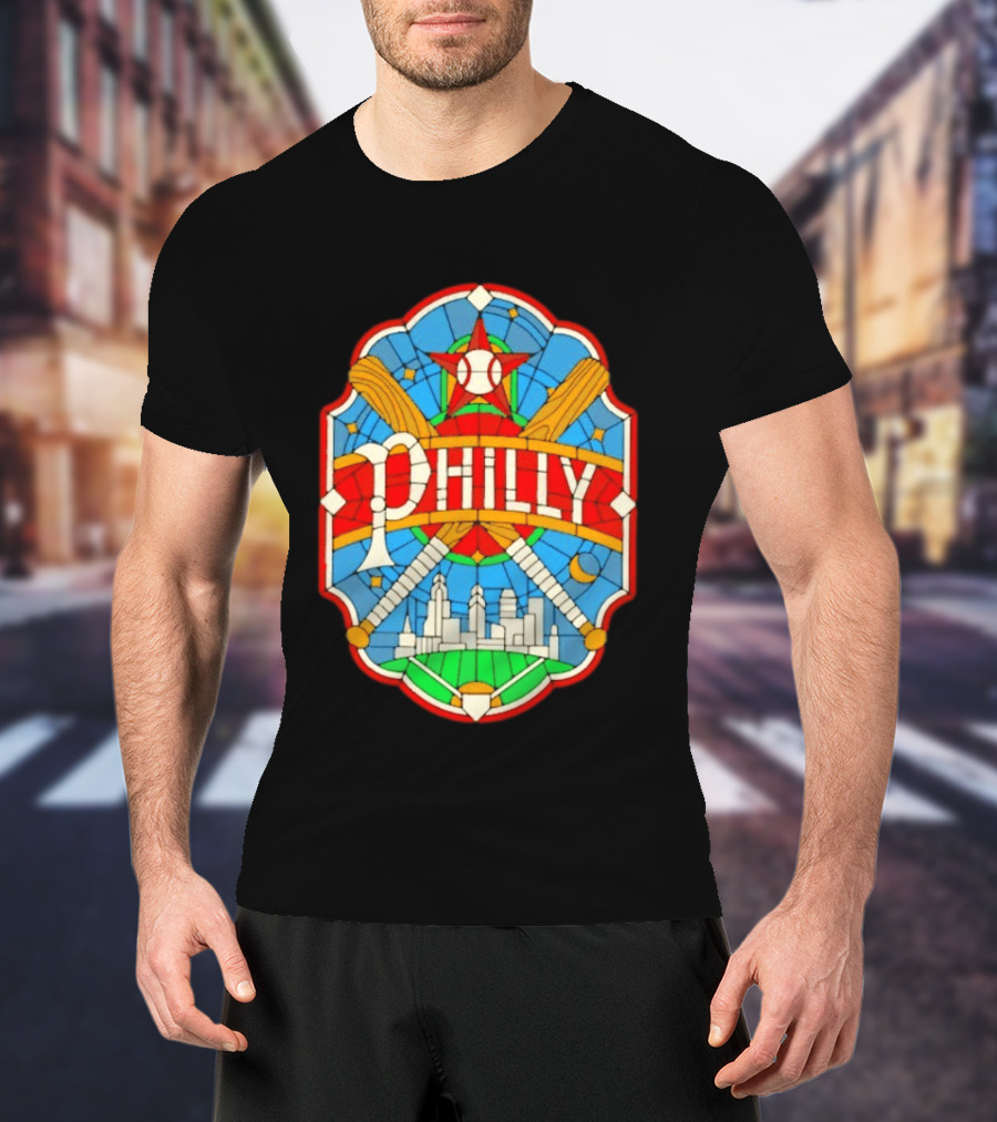 Philadelphia Phillies Stained Glass Philly Skyline Baseball Star Bats T-Shirt