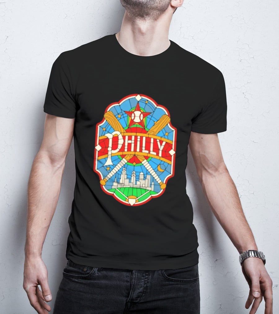 Philadelphia Phillies Stained Glass Philly Skyline Baseball Star Bats T-Shirt