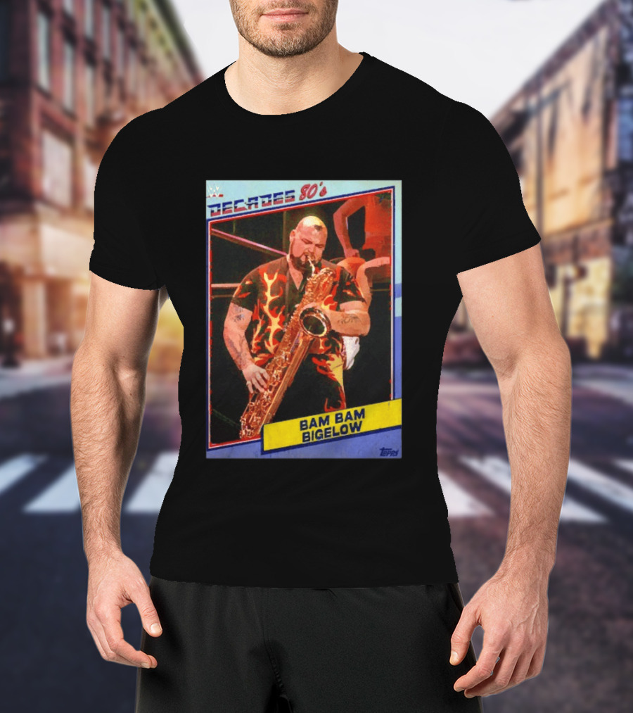 WWE Decades 80's Bam Bam Bigelow Topps Trading Card Saxophone Flame T-Shirt