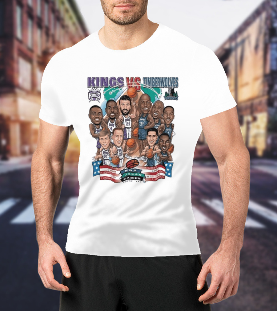 Kings Vs Timberwolves NBA Japan Games Tokyo 1999 Player Caricatures Basketball Showdown T-Shirt