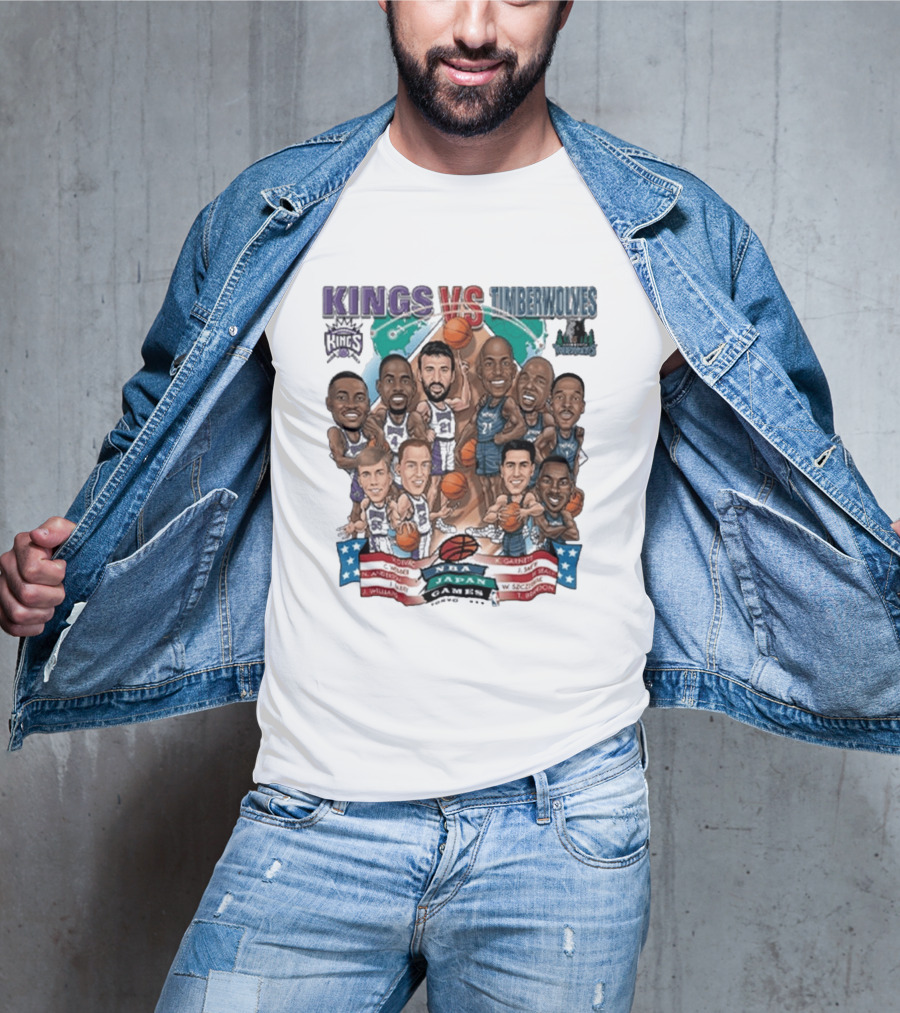 Kings Vs Timberwolves NBA Japan Games Tokyo 1999 Player Caricatures Basketball Showdown T-Shirt