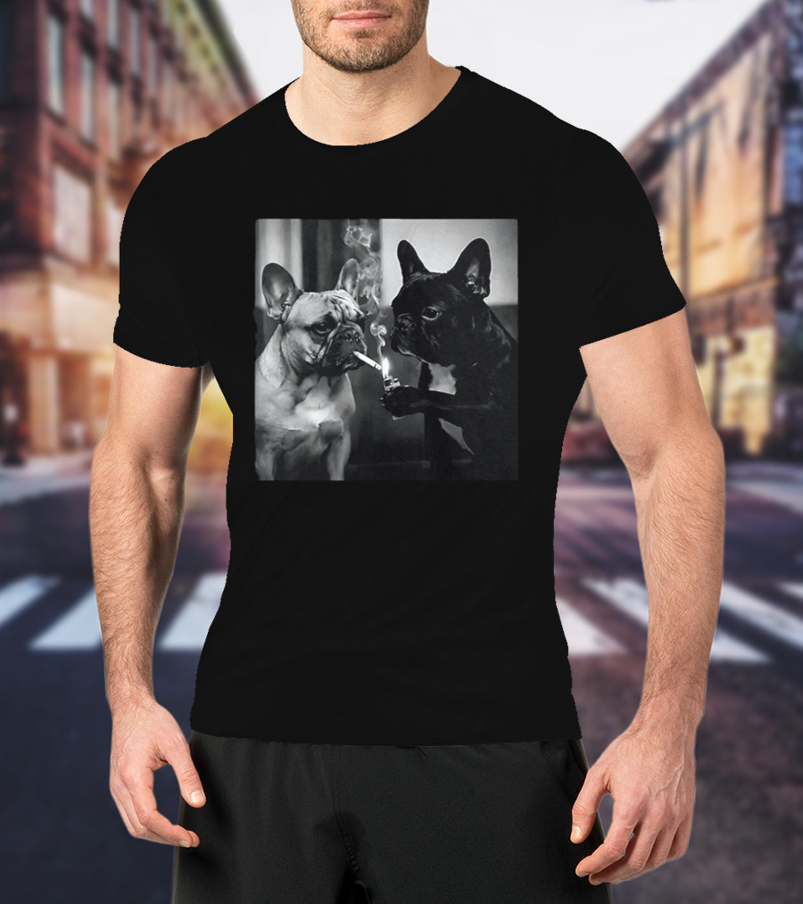 Frenchie Buddies French Bulldog Smoking Cigarette Meme Black And White Humor Duo T-Shirt