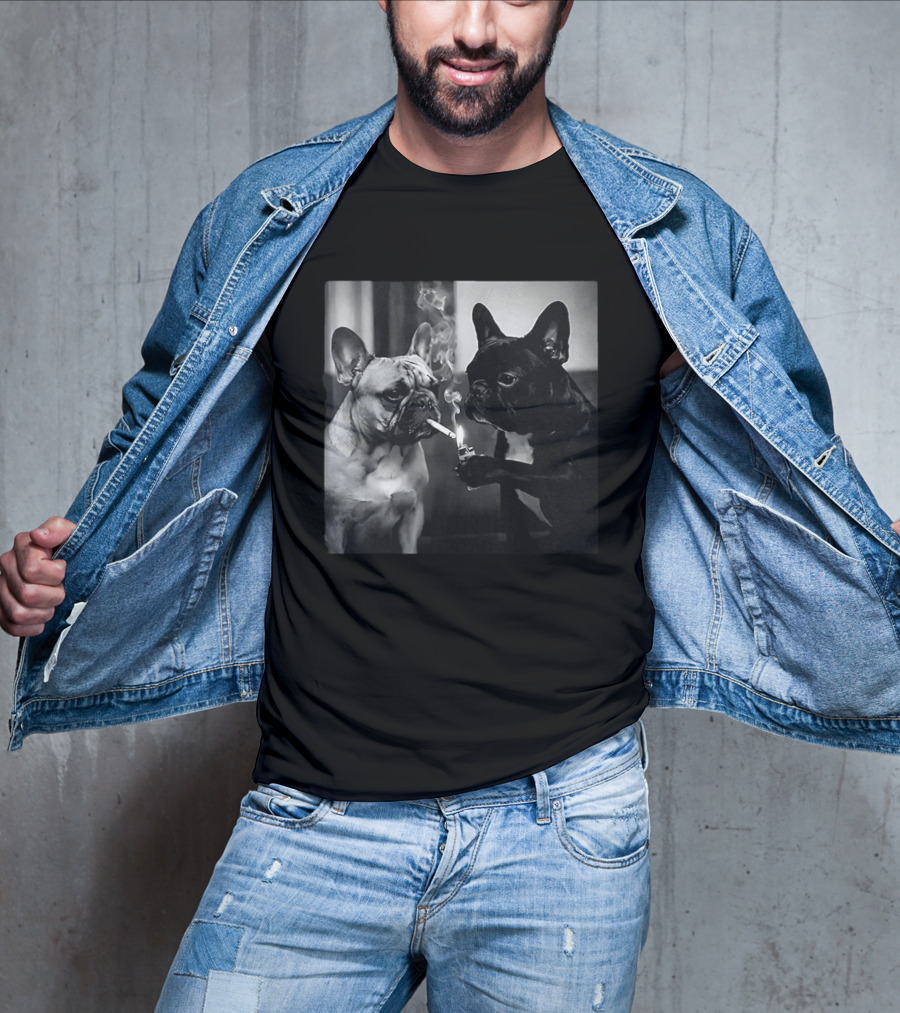 Frenchie Buddies French Bulldog Smoking Cigarette Meme Black And White Humor Duo T-Shirt