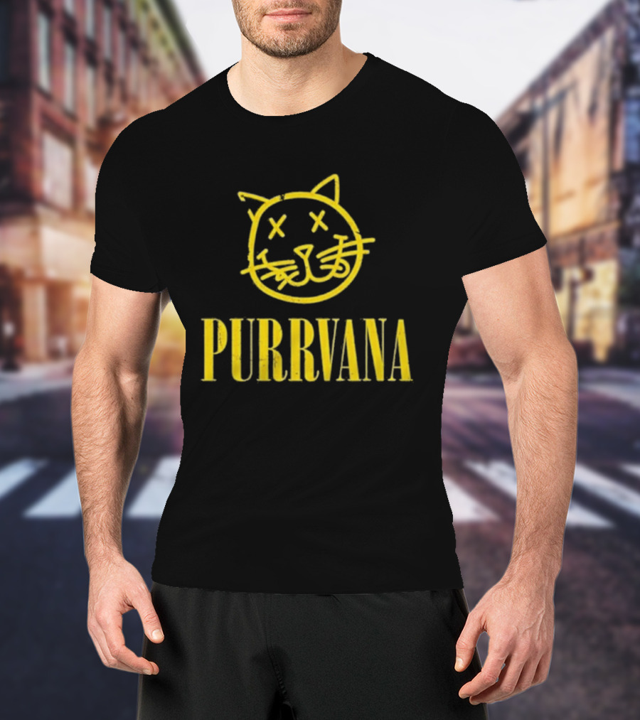 Purrvana Cat Face Yellow Grunge Style Kitty T-Shirt