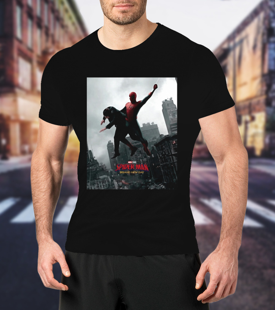 Spider Man Brand New Day Marvel Comic Scene Flying Over City Skyline T-Shirt