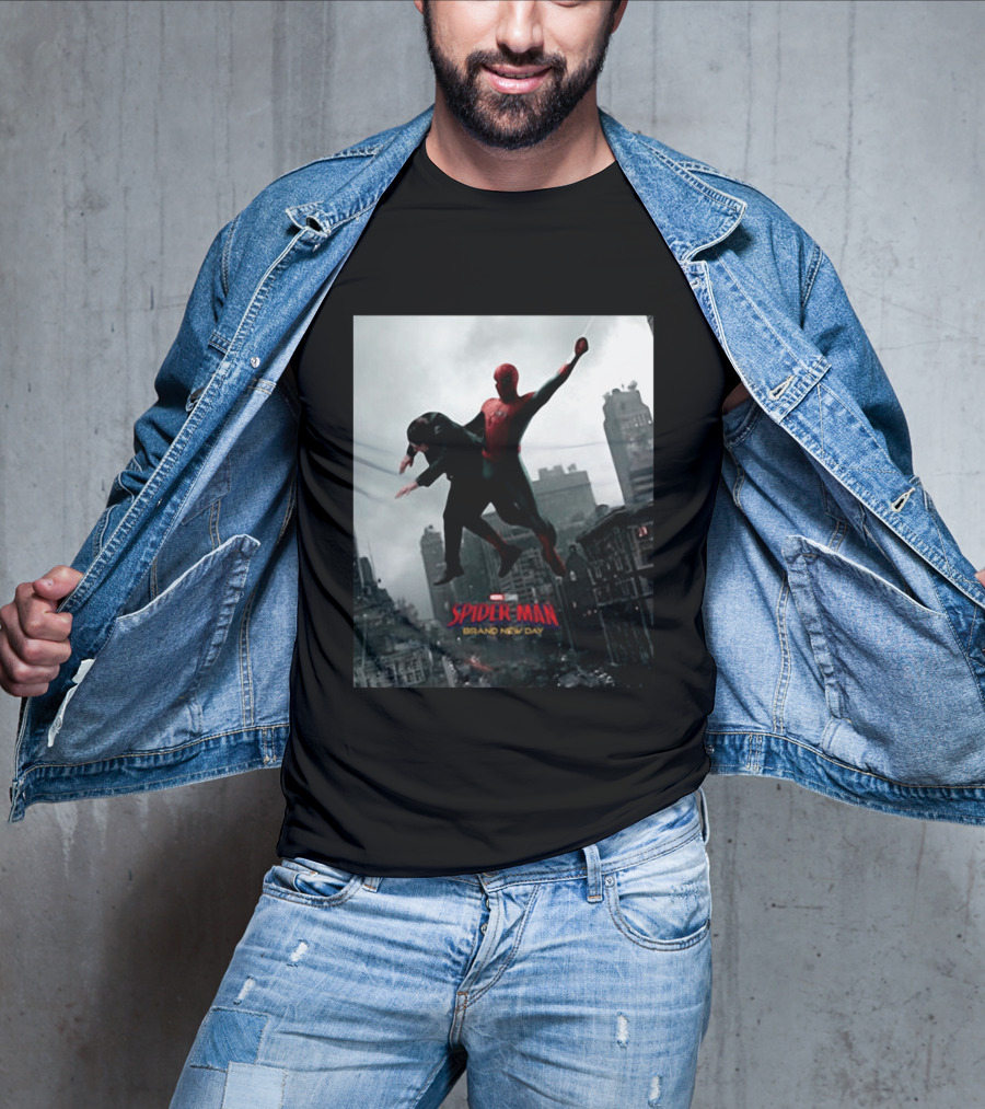 Spider Man Brand New Day Marvel Comic Scene Flying Over City Skyline T-Shirt