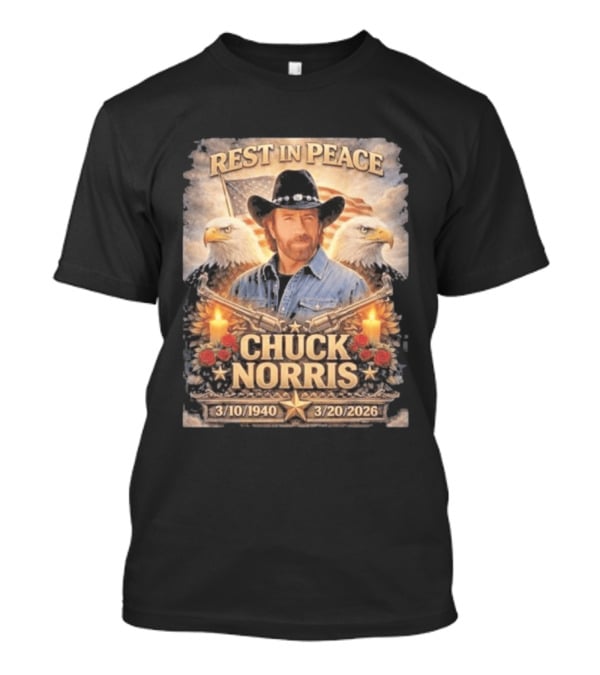 Rest In Peace Chuck Norris With Bald Eagles American Flag And Candles T-Shirt
