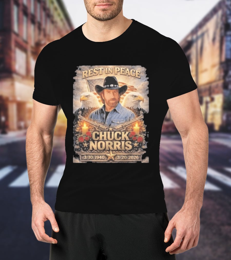 Rest In Peace Chuck Norris With Bald Eagles American Flag And Candles T-Shirt
