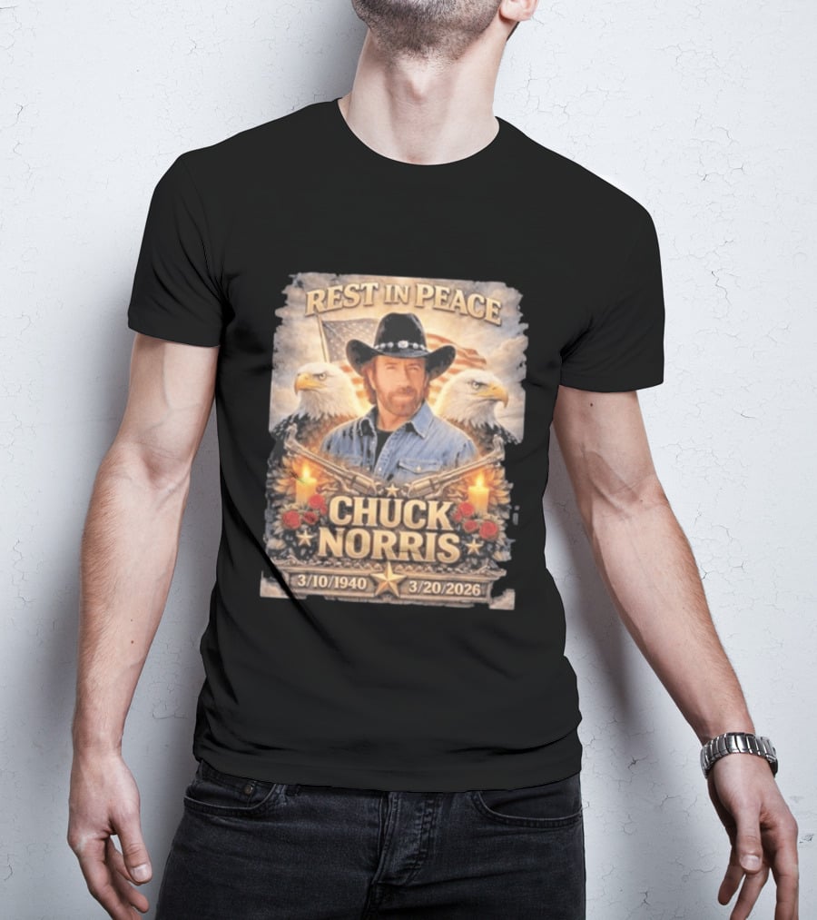 Rest In Peace Chuck Norris With Bald Eagles American Flag And Candles T-Shirt