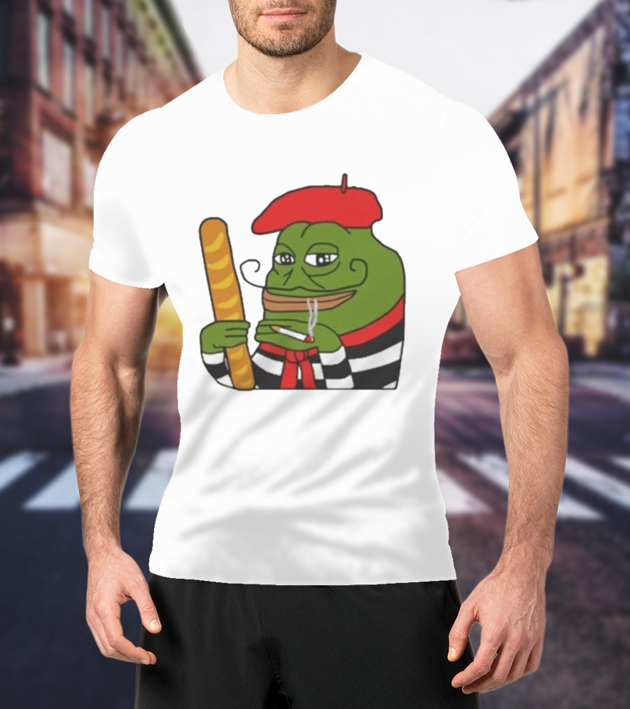 S French Pepe With Baguette And Cigarette Beret Comedy Meme T-Shirt