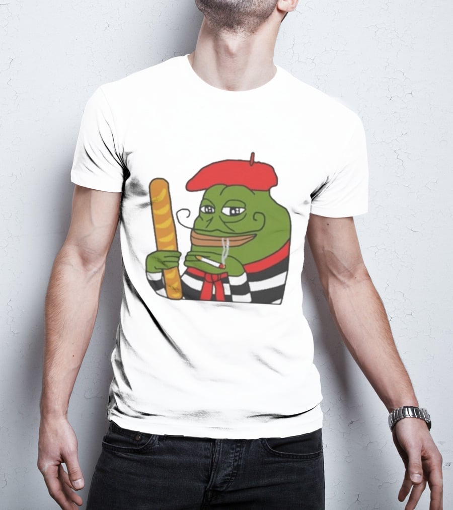 S French Pepe With Baguette And Cigarette Beret Comedy Meme T-Shirt