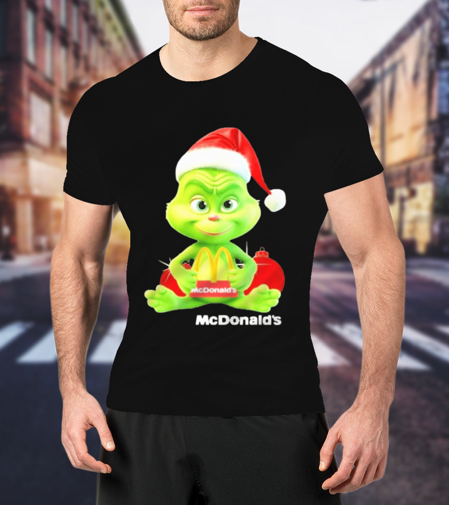 Santa Baby Grinch McDonald's Holding Happy Meal With Santa Hat And Gift Bags T-Shirt