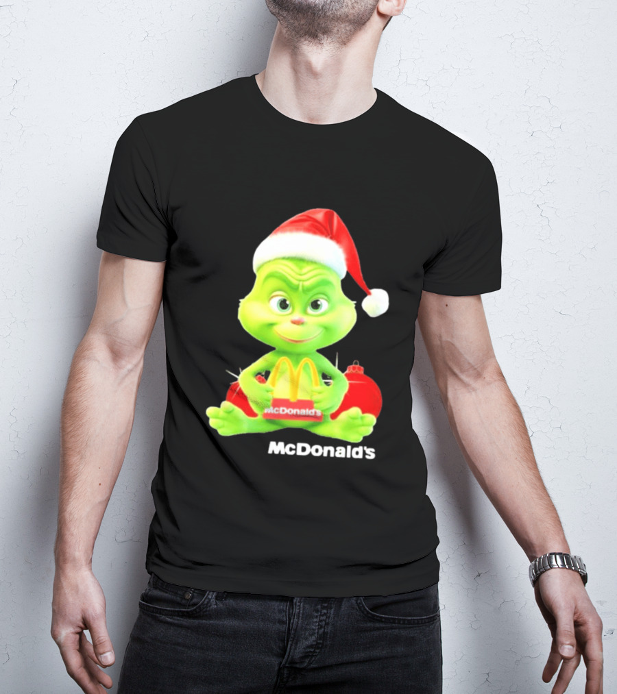 Santa Baby Grinch McDonald's Holding Happy Meal With Santa Hat And Gift Bags T-Shirt