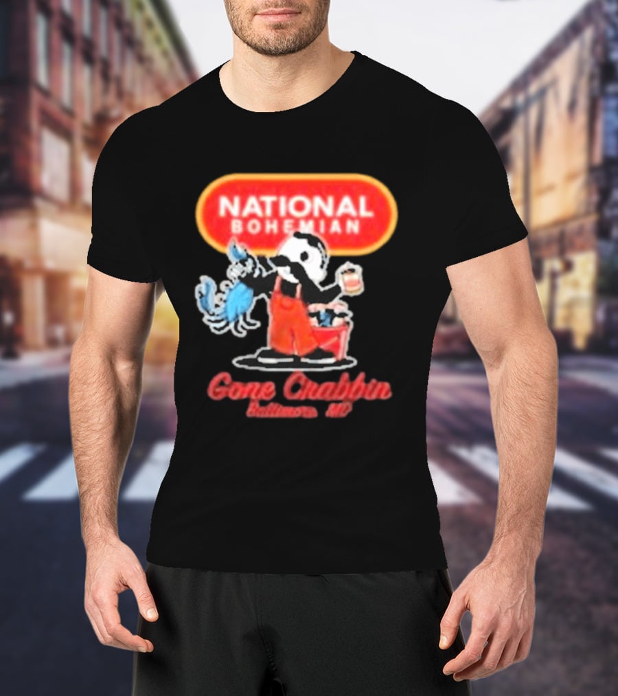 National Bohemian Beer Gone Crabbin' Baltimore MD Mr. Boh With Crab And Beer T-Shirt
