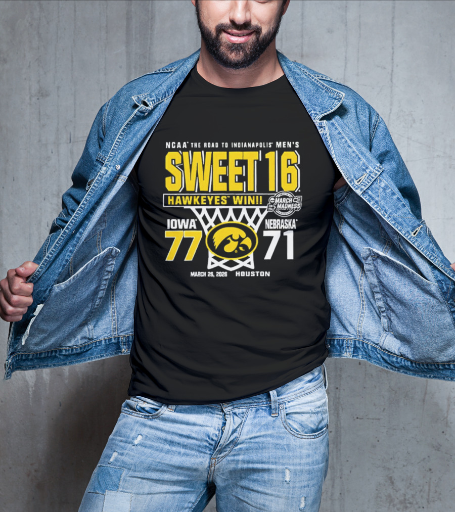 NCAA The Road To Minneapolis Men's Sweet 16 Hawkeyes Win Iowa 77 Nebraska 71 March 29 2020 Selection T-Shirt
