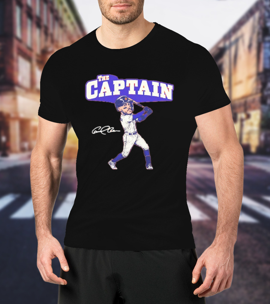The Captain Carlos Correa Caricature Baseball Player Swinging Bat With Signature T-Shirt
