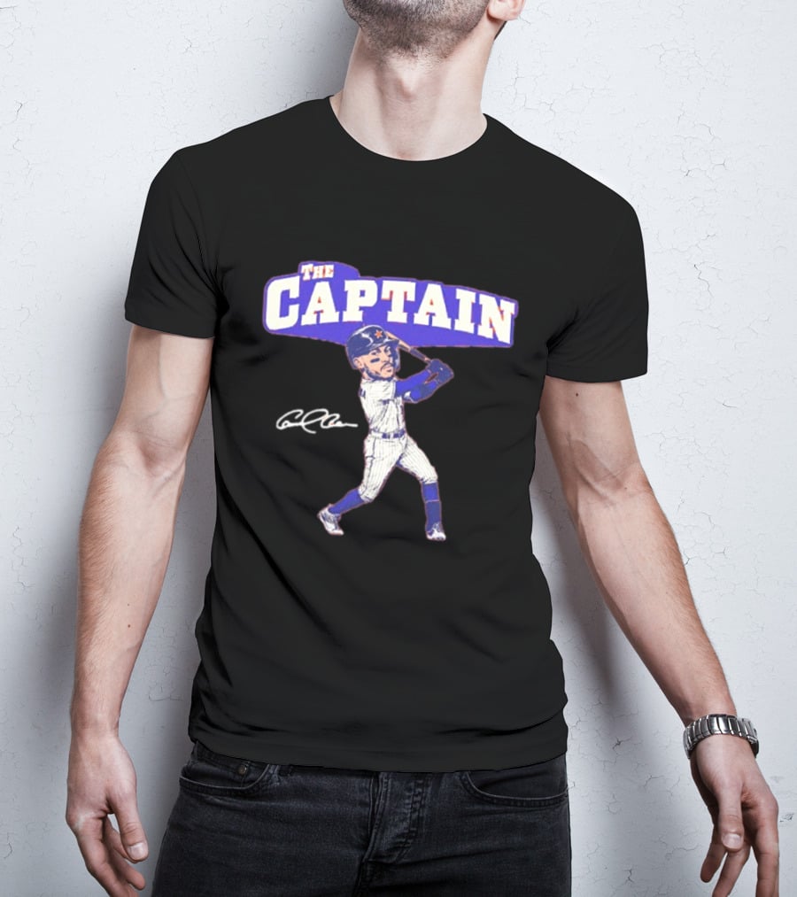 The Captain Carlos Correa Caricature Baseball Player Swinging Bat With Signature T-Shirt