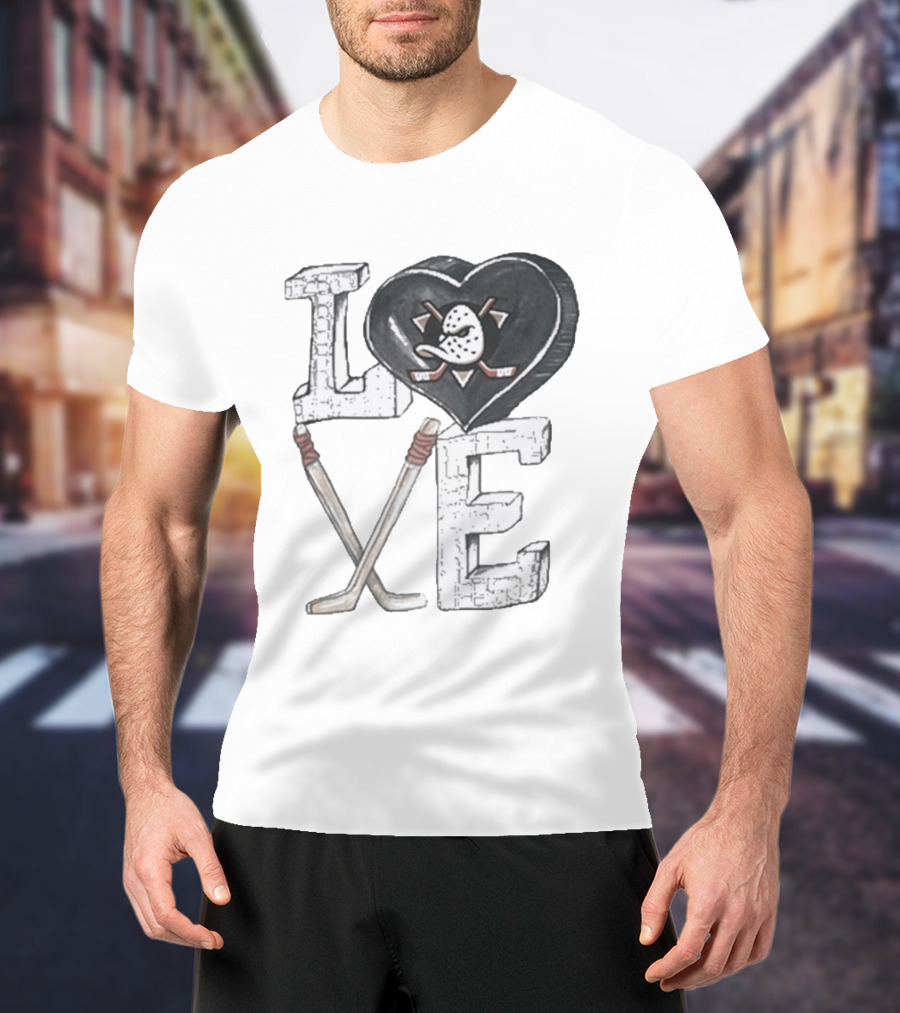 Anaheim Ducks Puck Heart Love Hockey Sticks T-Shirt