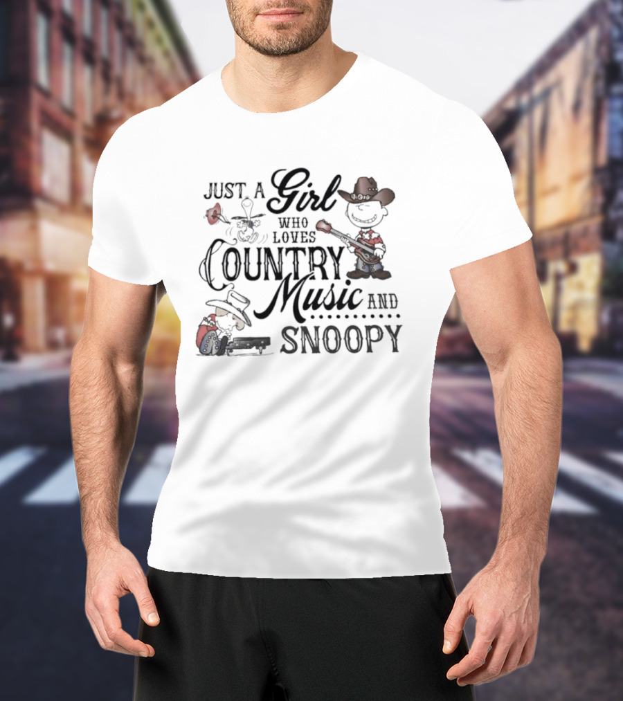 Just A Girl Who Loves Country Music And Snoopy Cowboy Hat Guitar T-Shirt