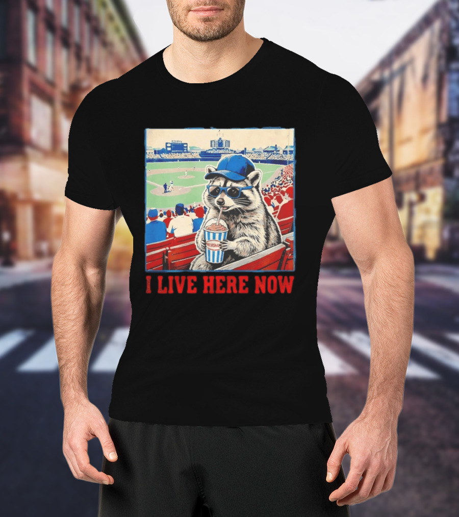 Raccoon Milkshake Baseball Field I Live Here Now T-Shirt