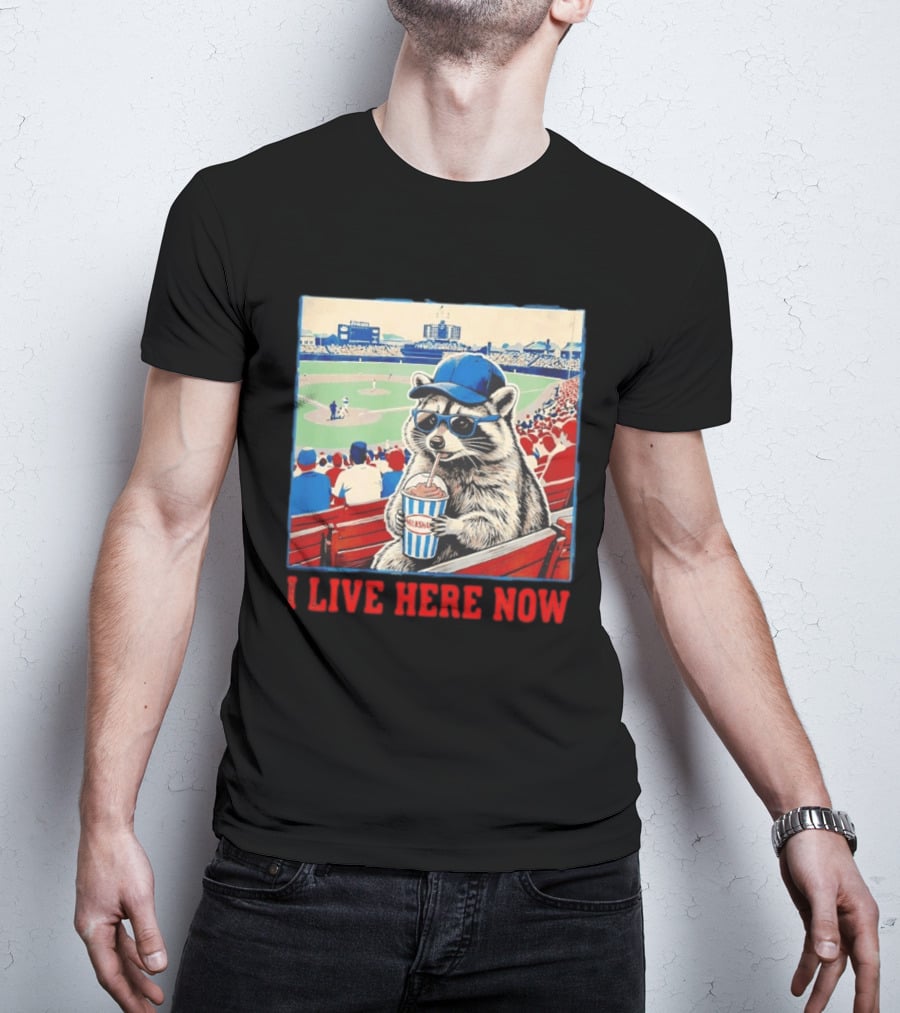 Raccoon Milkshake Baseball Field I Live Here Now T-Shirt