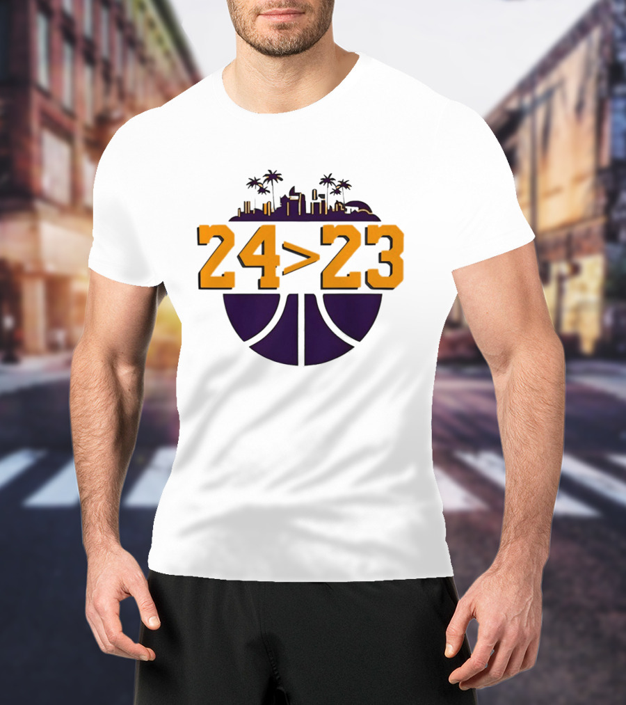 Kobe Bryant LeBron James 24 Greater Than 23 Basketball Skyline T-Shirt