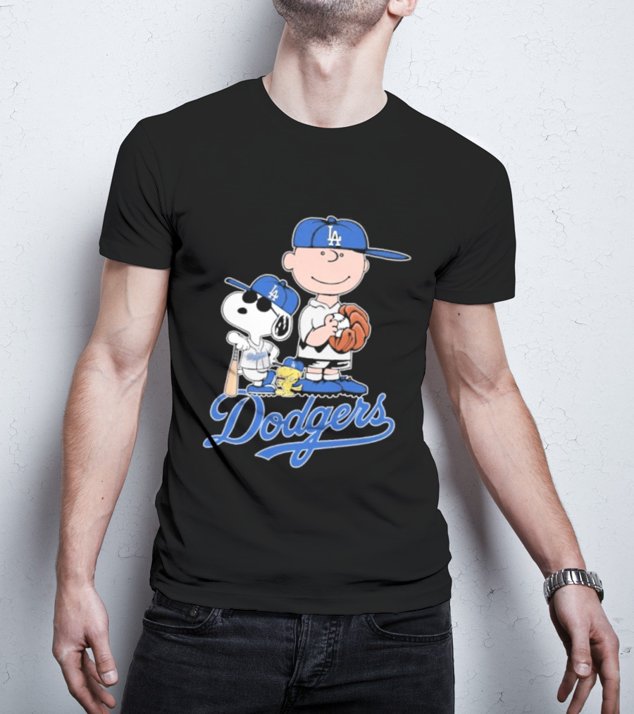 Los Angeles Dodgers Peanuts Snoopy Charlie Brown Woodstock Baseball Collaboration T-Shirt