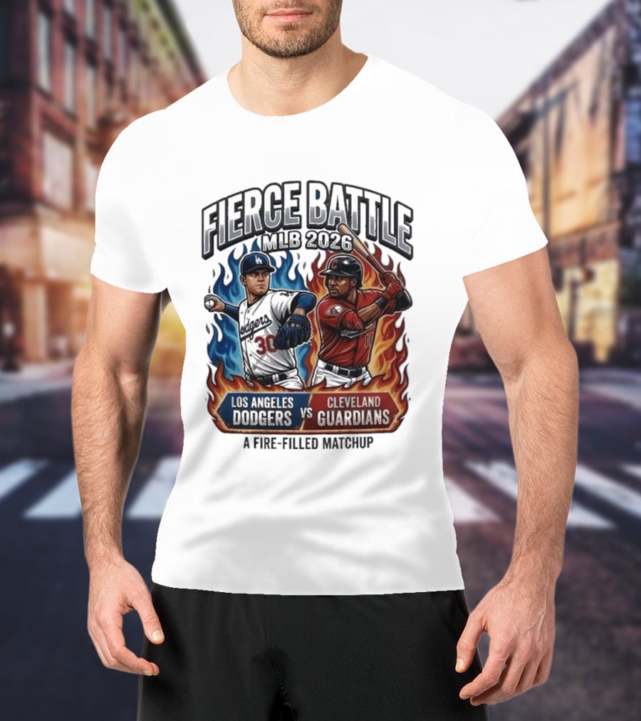 Fierce Battle MLB 2026 Los Angeles Dodgers Vs Cleveland Guardians Fire Filled Matchup T-Shirt