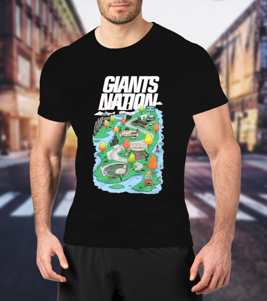Bobby Skinner Giants Nation Cartoon Landscape Get Well Soon Welcome To Giants Nation Balloon Trees River T-Shirt