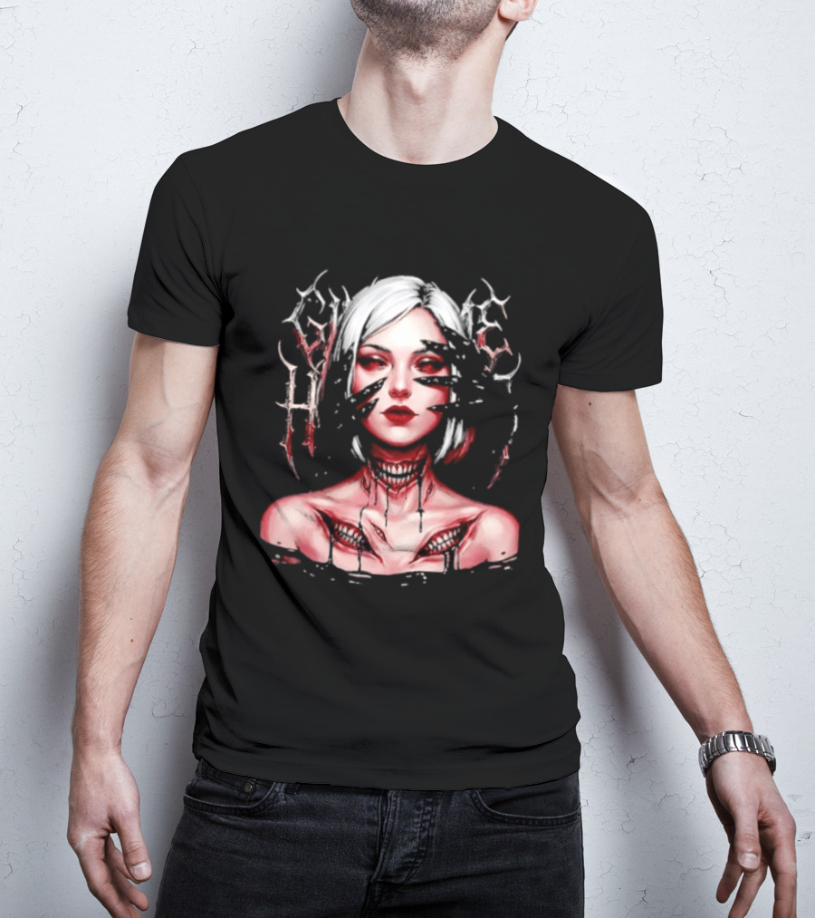 Dark Embrace Washed Creepy Pale Woman Fantasy Eyes T-Shirt