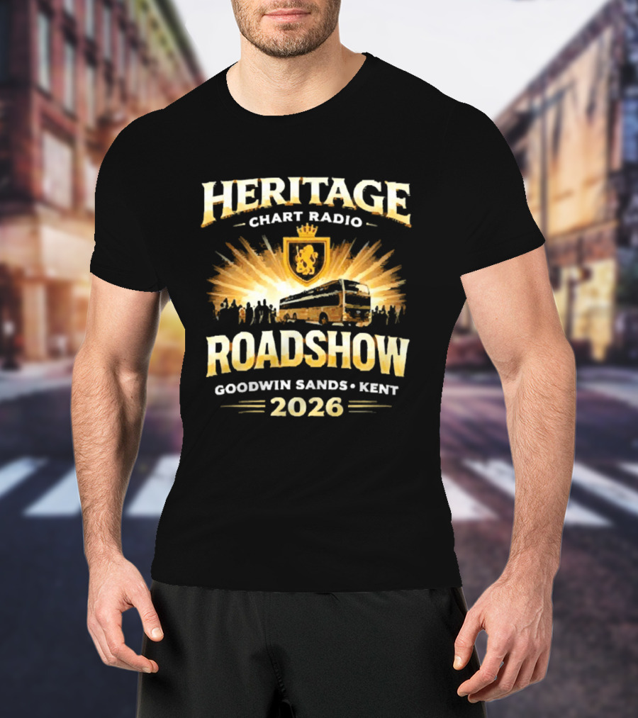 Heritage Chart Radio Roadshow Goodwin Sands Kent 2026 Lion Crest Bus Tour T-Shirt
