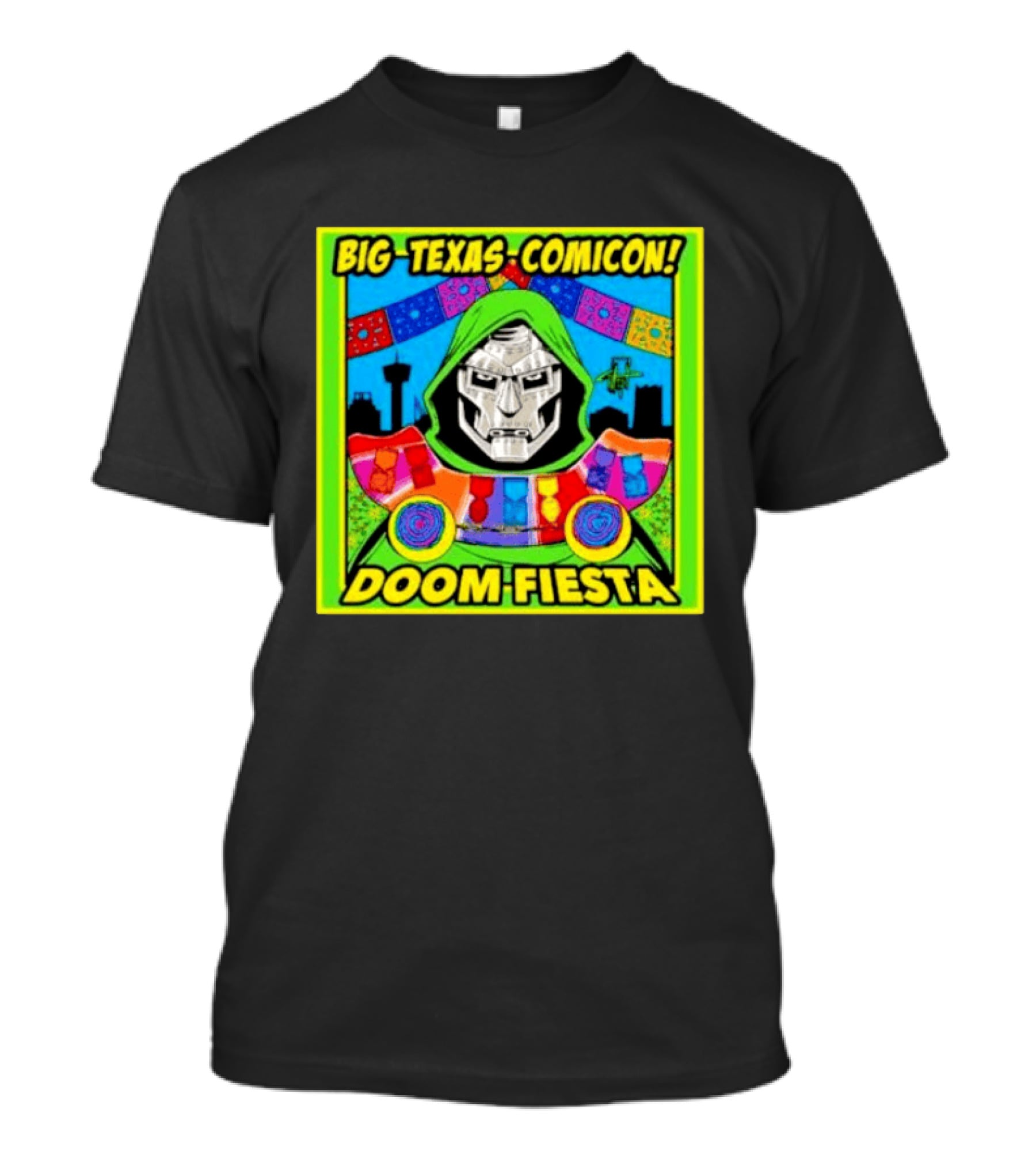 Big Texas Comicon Doom Fiesta Colorful Celebration With Iconic Mask T-Shirt