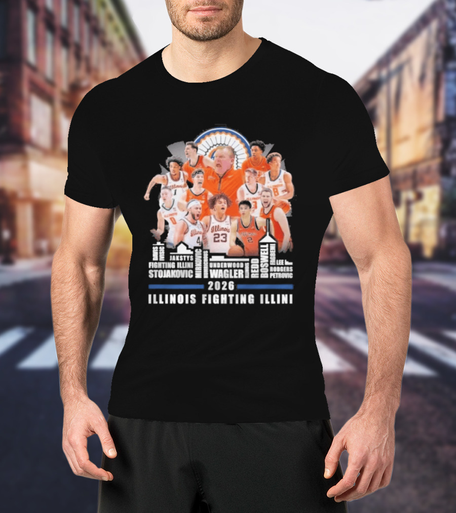2026 Illinois Fighting Illini Skyline Basketball Team Montage T-Shirt