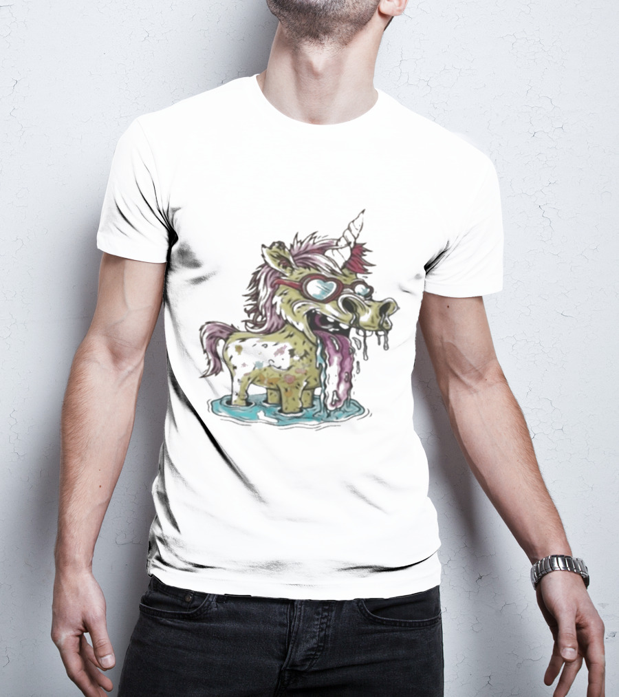 Hills Draws Unicorn With Sunglasses And Tongue Out In White T-Shirt