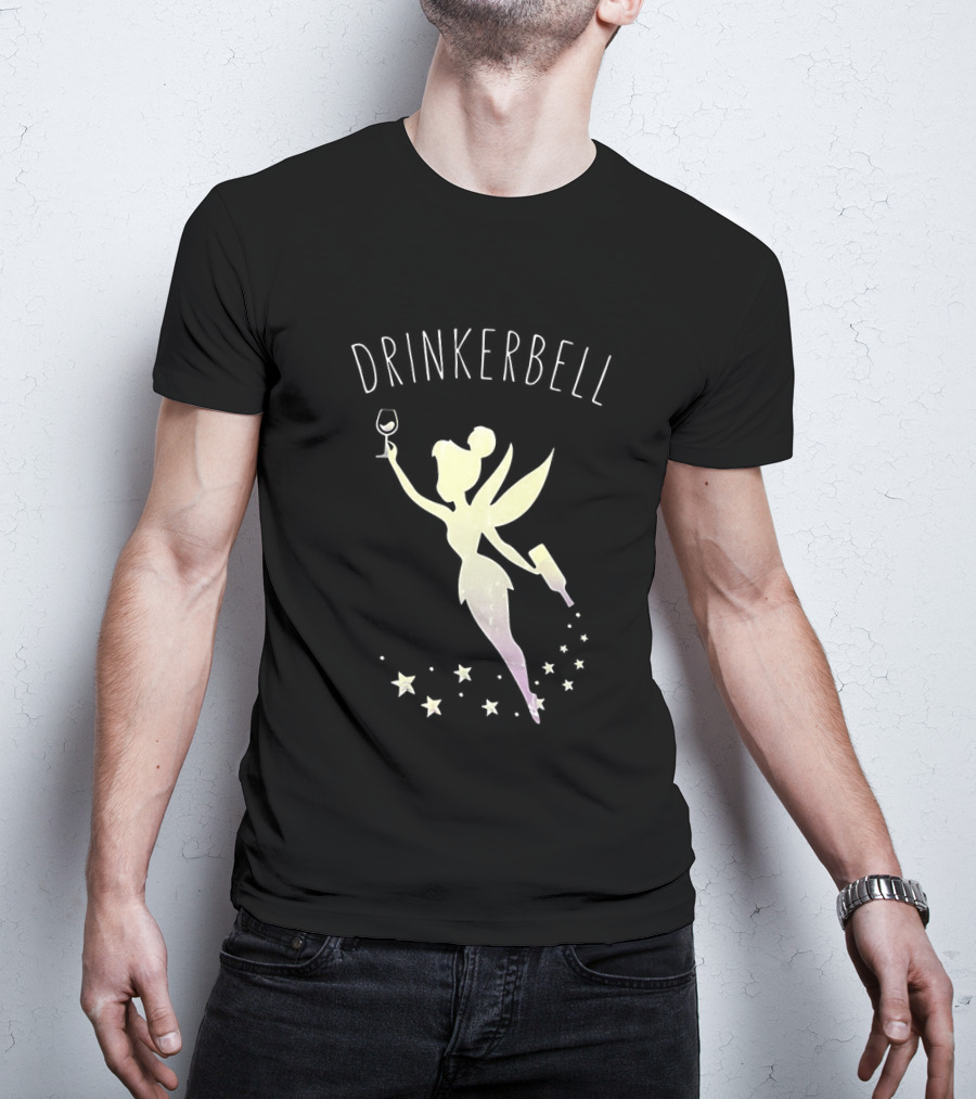 Drinkerbell Fairy Silhouette With Wine Glass And Bottle Stars T-Shirt