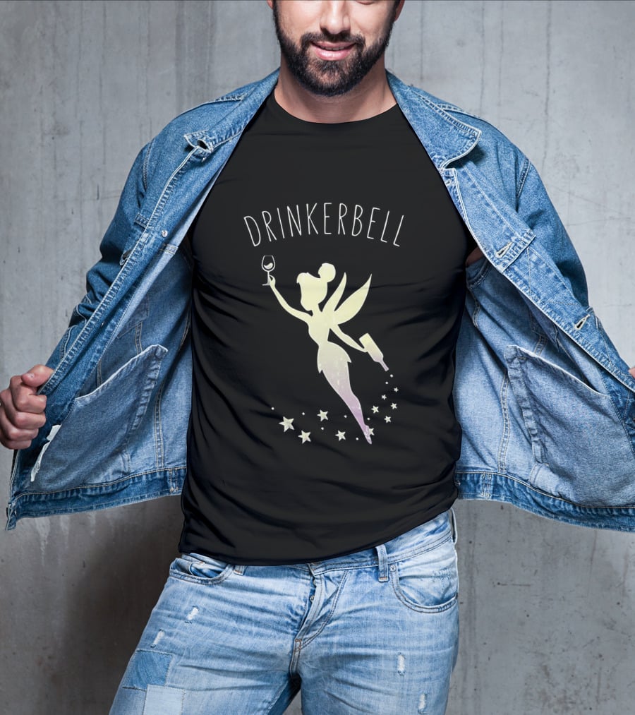 Drinkerbell Fairy Silhouette With Wine Glass And Bottle Stars T-Shirt