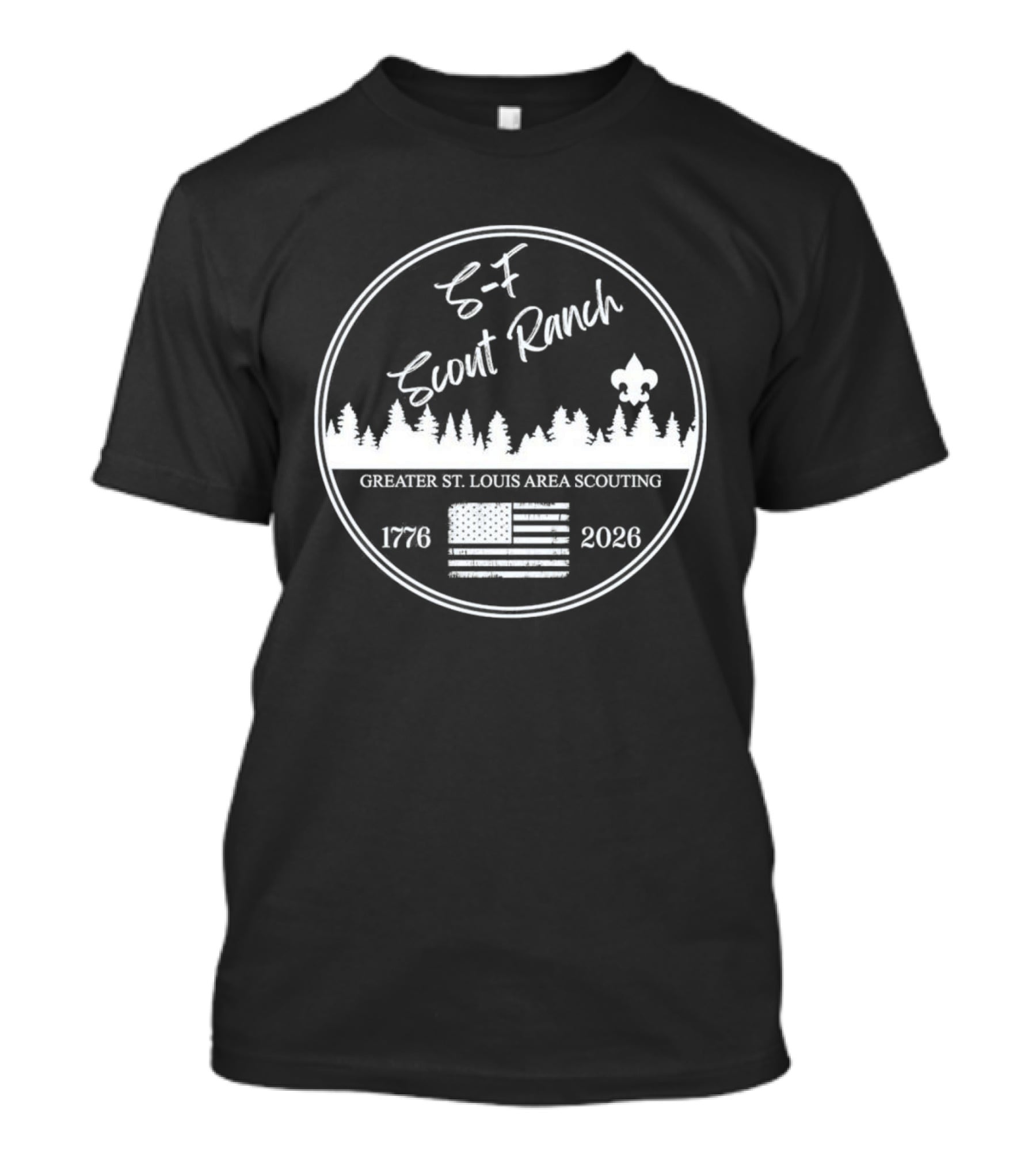 S F Scout Ranch Greater St Louis Area Scouting 2026 USA Flag Forest T-Shirt