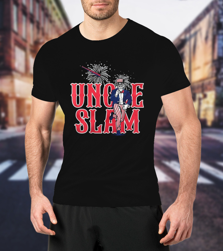 Uncle Slam USA Baseball Fireworks Patriotic Captain America Crest T-Shirt