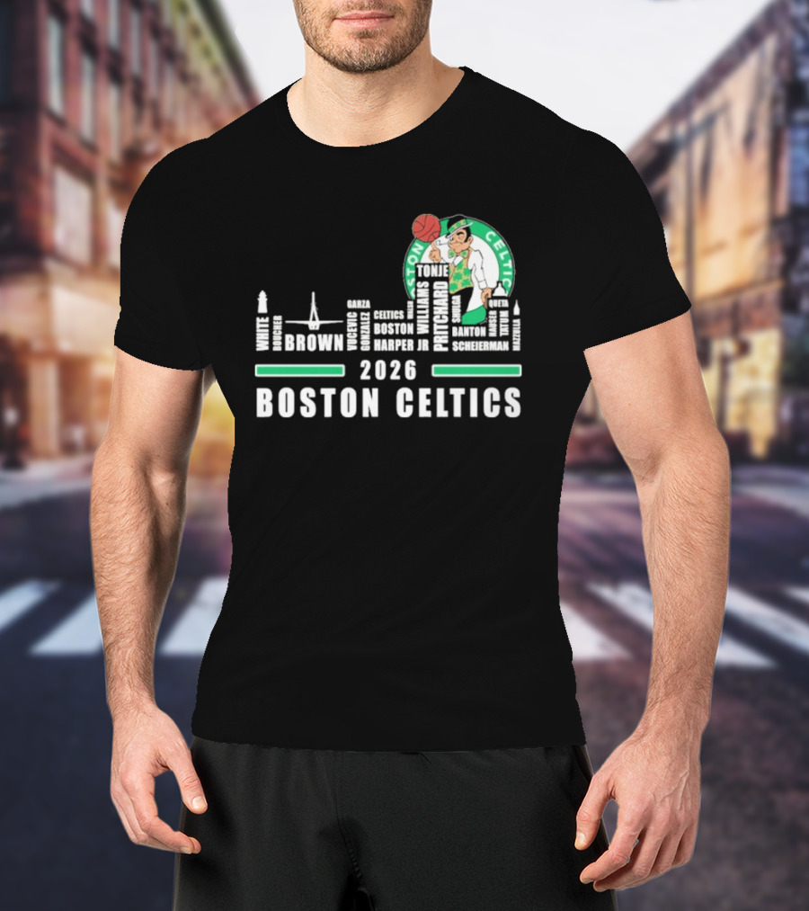2026 Boston Celtics Brown Tatum Brogdon Porzingis White Smart Hoops Skyline T-Shirt