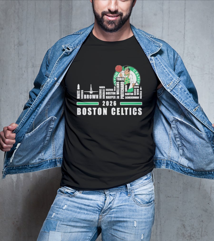 2026 Boston Celtics Brown Tatum Brogdon Porzingis White Smart Hoops Skyline T-Shirt